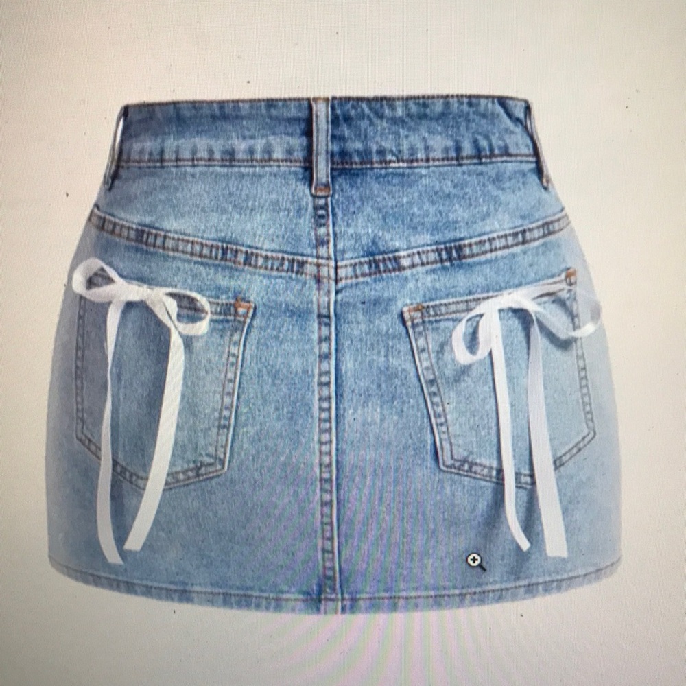 Denim Mini Skirt with White Bow Accents